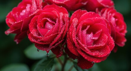 Elegant red roses adorned with glistening water droplets, capturing the essence of romance and