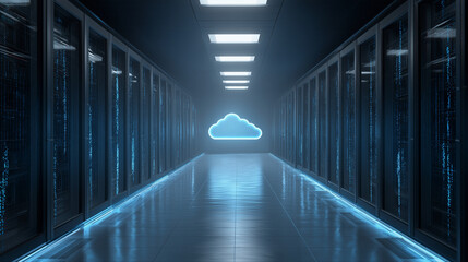 Rows of futuristic servers emitting blue data streams with a floating holographic cloud icon inside a modern data center.