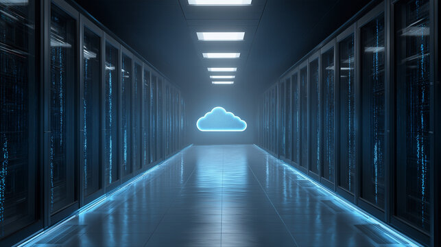 Rows of futuristic servers emitting blue data streams with a floating holographic cloud icon inside a modern data center.
