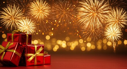 Red gifts golden fireworks celebration red gift boxes