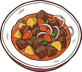 Delicious beef stew with potatoes, tomatoes, and onions on a white plate