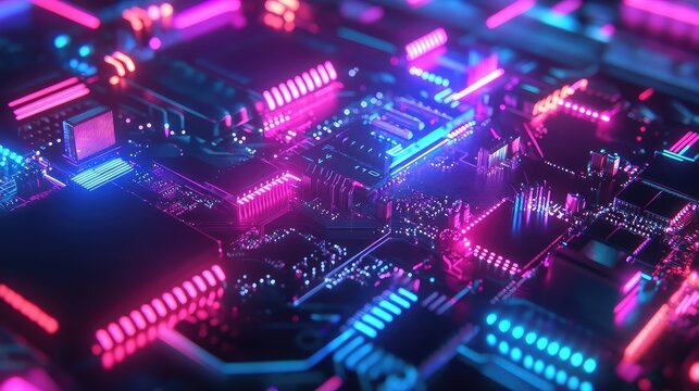 Circuit board technology with glowing futuristic neon lights