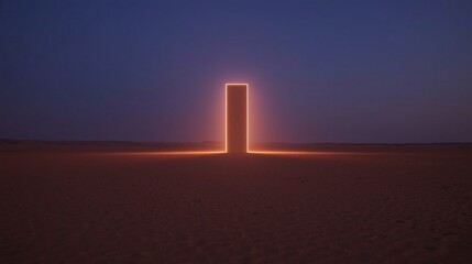 Stunning desert portal glows under twilight sky, perfect for science fiction or fantasy book covers and cinematic landscapes, orange light in vast expanse