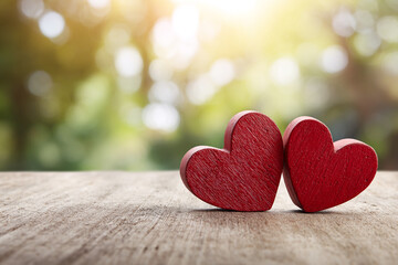 Two red hearts sit together on a wooden surface with a soft green and golden bokeh background