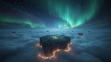 Dreamy floating islands and glowing aurora borealis create a stunning fantasy landscape, perfect for inspiring creativity and wanderlust, travel destinations