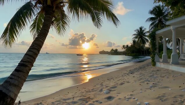 Breathtaking ultra high definition 4K landscape video capturing iconic vibrant colors sun setting Gulf Mexico viewed pristine Sarasota Beach Florida USA documented early autumn evening September 15