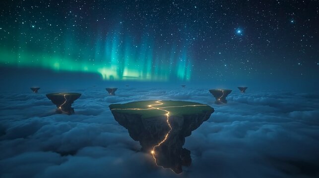 Dreamy fantasy landscape with floating islands, aurora borealis and a starry night sky, perfect for imaginative book covers or ethereal digital art