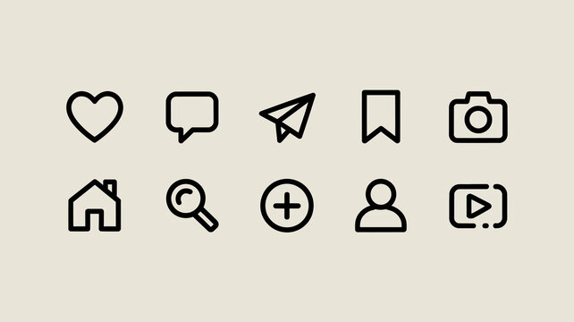 Modern outline user interface icons for social media apps, featuring likes, comments, shares, profiles, home, and search.