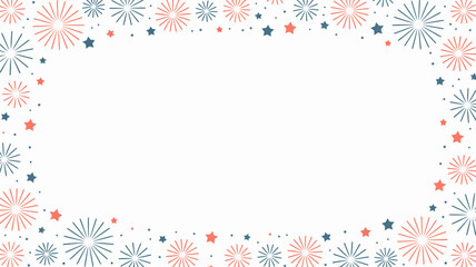 Stylized fireworks and stars border design in patriotic red, white, and blue hues, ideal for celebratory holiday backgrounds