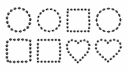 Paw print frames set: collection of animal footprint borders in circular, square, and heart shapes, isolated for pet design.