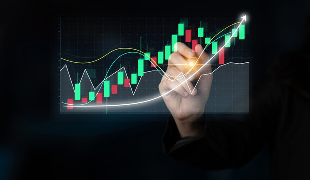 A business professional uses a digital interface to analyze stock market trends, highlighting upward growth through candlestick graphics and data visualizations. Impute - Powered by Adobe