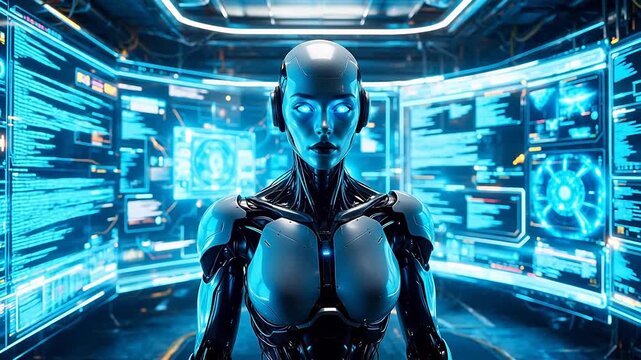 Futuristic robot in hightech control room