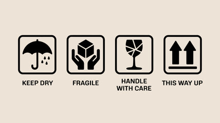 Shipping and handling symbols set: keep dry, fragile, handle with care, and this way up. essential packaging icons for logistics, delivery, and transportation.