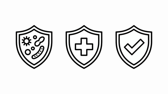 Modern line icons set of health protection, immunity, medical safety, antivirus, and quality assurance shields concepts.