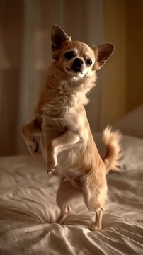 Long-Haired Cream Chihuahua Performing a Playful Nighttime Dance on a Bed, Lit by Warm Ambient Indoor Light