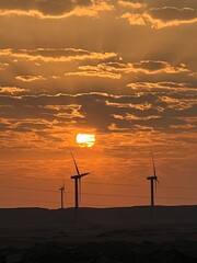Obraz premium Orange sunset sky over wind turbines in nature landscape