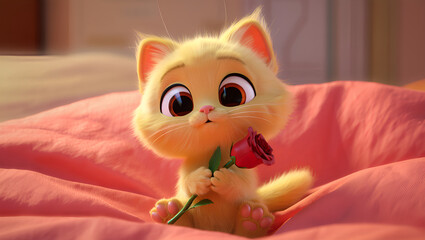 baby cat holding rose with cute expression, Generative AI