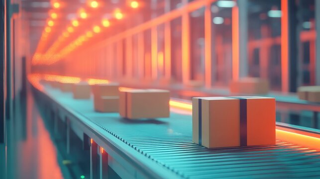 Packaging boxes moving on automated conveyor belt system - Powered by Adobe