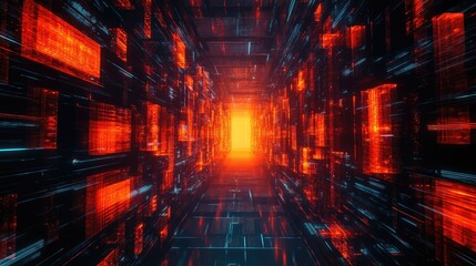 Digital data tunnel with glowing red light streaming