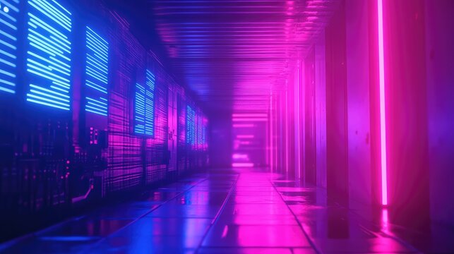 Futuristic data center corridor with neon lights