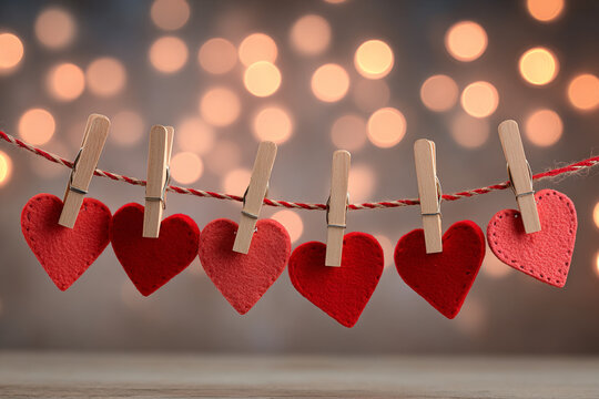 Several red heart shapes are clipped to a string with wooden clothespins against a blurred background of warm lights - Powered by Adobe