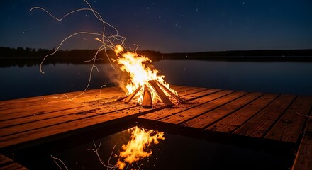 Nighttime campfire on wooden dock by lake for summer camping and outdoor adventure relaxation fun