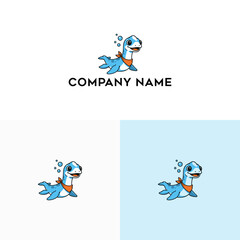 Cute blue plesiosaur mascot logo with an orange bandana, a friendly sea monster character for a company brand