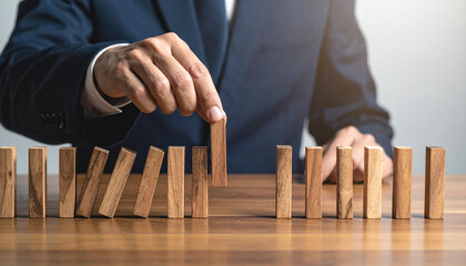 Person in suit carefully places wooden block in row of standing blocks, symbolizing strategy and planning. image conveys sense of focus and precision