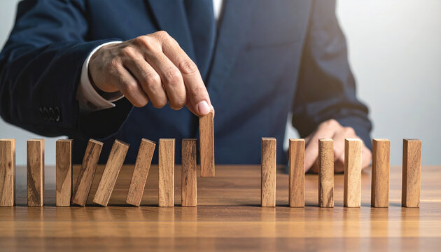 Person in suit carefully places wooden block in row of standing blocks, symbolizing strategy and planning. image conveys sense of focus and precision