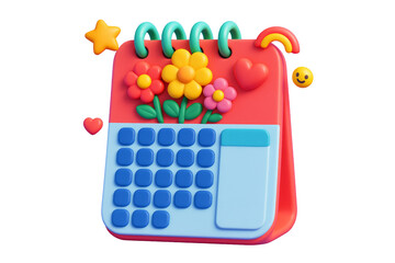 Bright cartoon calendar with flowers and smiley on white background, playful decorative element for creative planning and cheerful layout. Ai generative