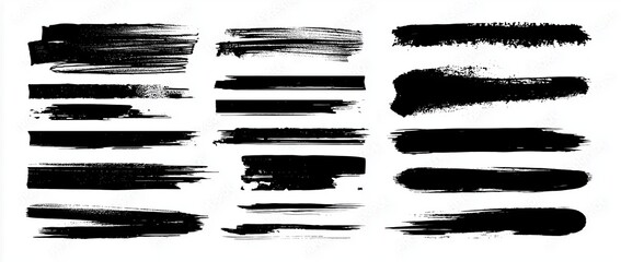 Black grunge ink brush strokes and hand-drawn vector textures with bold smudges, organic paint lines and large empty space for text on clean white background