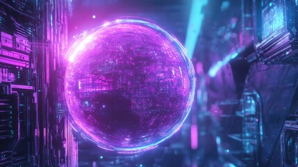 Glowing digital sphere floating in futuristic data environment