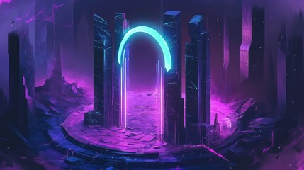 Futuristic neon portal structure in mysterious ethereal landscape