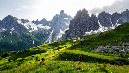 Breathtaking view of lush green valley with wildflowers, set against backdrop of majestic, snow capped mountains under partly cloudy sky. scene evokes tranquility and awe