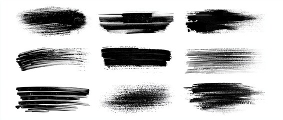 Black grunge ink brush strokes and hand-drawn vector textures with bold smudges, organic paint lines and large empty space for text on clean white background