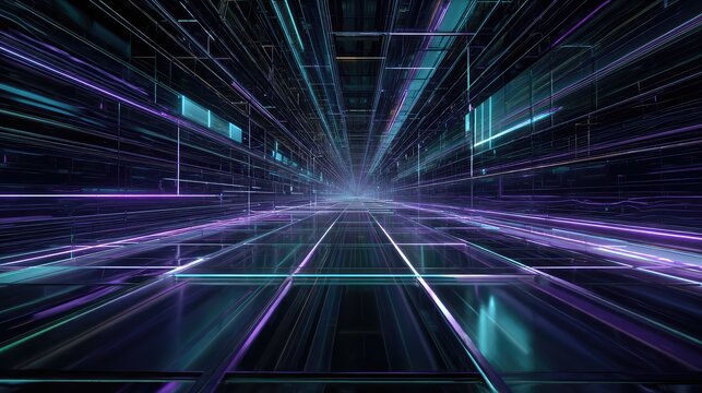 Navigating digital data tunnel with neon grid lines