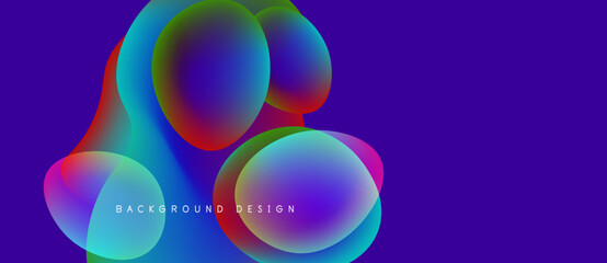 Abstract colorful shapes overlap purple backdrop. Modern design elements create vibrant visual experience. Smooth gradients enhance aesthetic appeal.