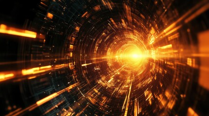 Digital data moving through a futuristic light tunnel