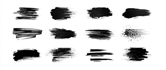 Black grunge ink brush strokes and hand-drawn vector textures with bold smudges, organic paint lines and large empty space for text on clean white background
