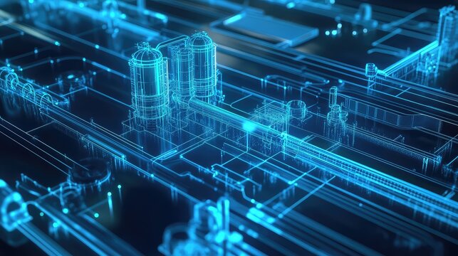 Digital wireframe blueprint of industrial pipeline systems