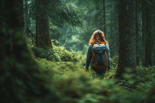 Hiker walks through a lush green forest with tall trees and mossy ground - Powered by Adobe