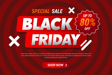 Bold Black Friday sale banner with red concentric background, metallic text, and an 80% off badge.