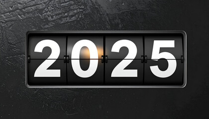 Mechanical flip clock display shows year 2025, symbolizing passage of time and future anticipation. black and white design adds classic and modern touch
