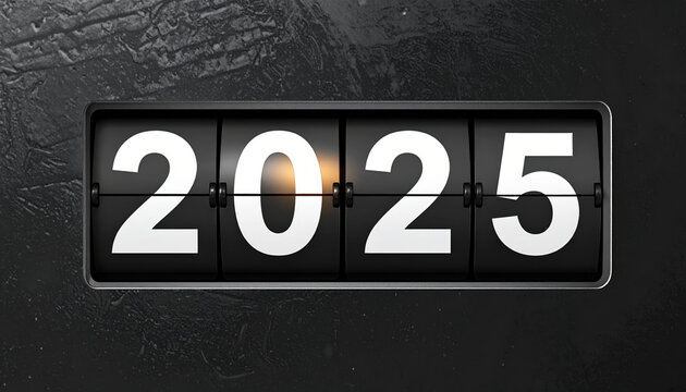 Mechanical flip clock display shows year 2025, symbolizing passage of time and future anticipation. black and white design adds classic and modern touch
