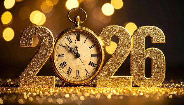 Vintage clock with Roman numerals is set between glittering golden numbers 2026 against festive background, symbolizing New Year celebration - Powered by Adobe