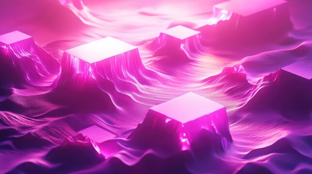 Glowing pink cubes floating on surreal wave landscape