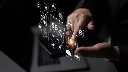 SEO concept for improving SEO visibility, with SEO related digital tools and SEO performance icons shown in an focused layout for strategic marketing. Spline