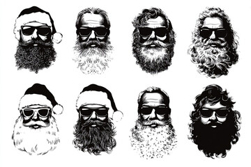 A collection of stylized black and white portraits of men with beards wearing sunglasses and some with Santa hats