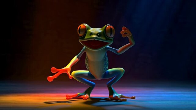 Funny cartoon frog dancing with dramatic lighting