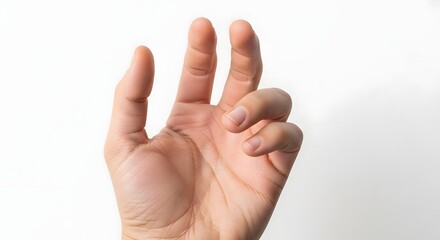 A close-up shot of a human hand with fingers slightly curled against a white background.